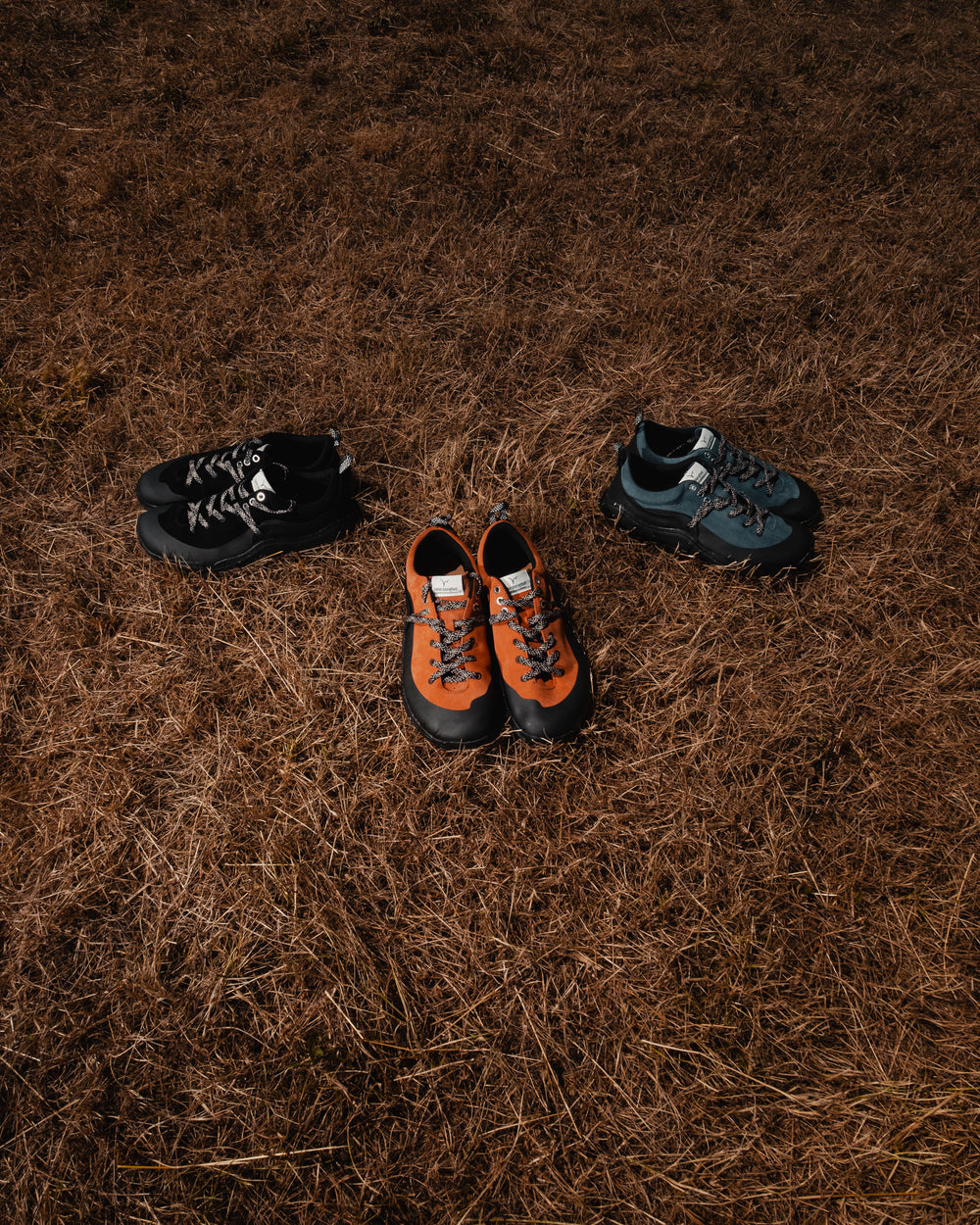 LONO barefoot shoes arranged outdoors on dry grass