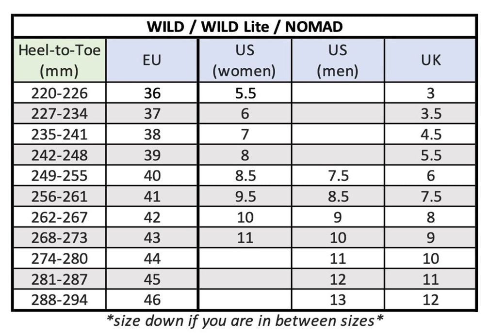 Size chart for WILD, WILD Lite and NOMAD showing heel-to-toe millimetres against EU, US and UK sizes